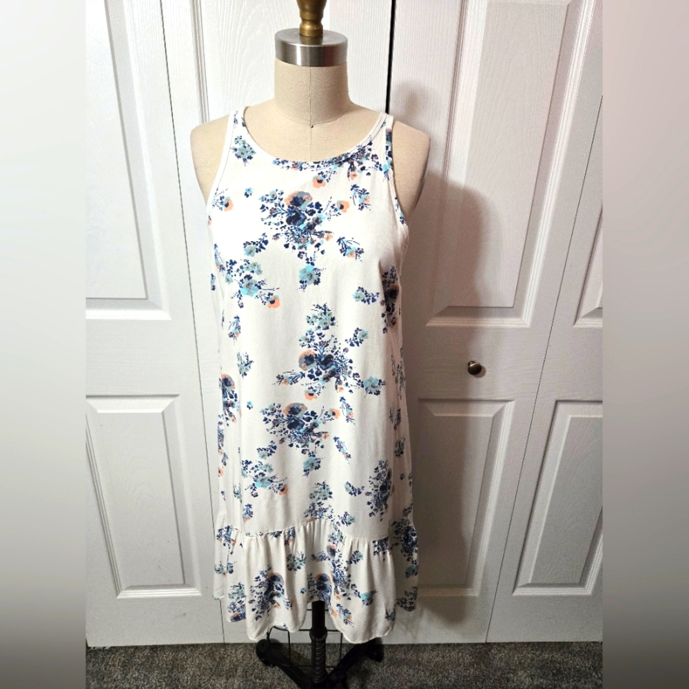 ANA White Dress Blue Floral, Size Small, High-low Design, Excellent Condition